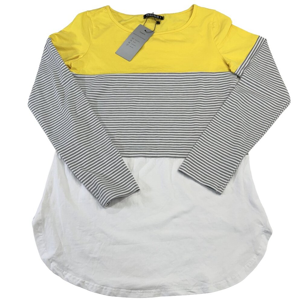 Thanth Colorblock Long Sleeve Tunic Top Size Small – Yellow Gray White – NWT